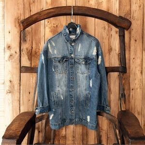 RD Style Women Solid Blue Distressed Cotton Denim Mid-Length Jacket Size Medium